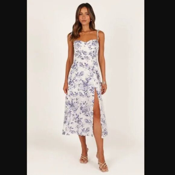 Petal & Pup Dresses & Skirts - Petal & Pup Azelia White Blue Floral Tie Shoulder Midi Dress 8